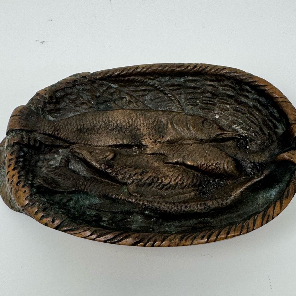 Vintage Bronze Fish Design Oval Tray trinket ashtray, preowned 5 inX 3 1/2